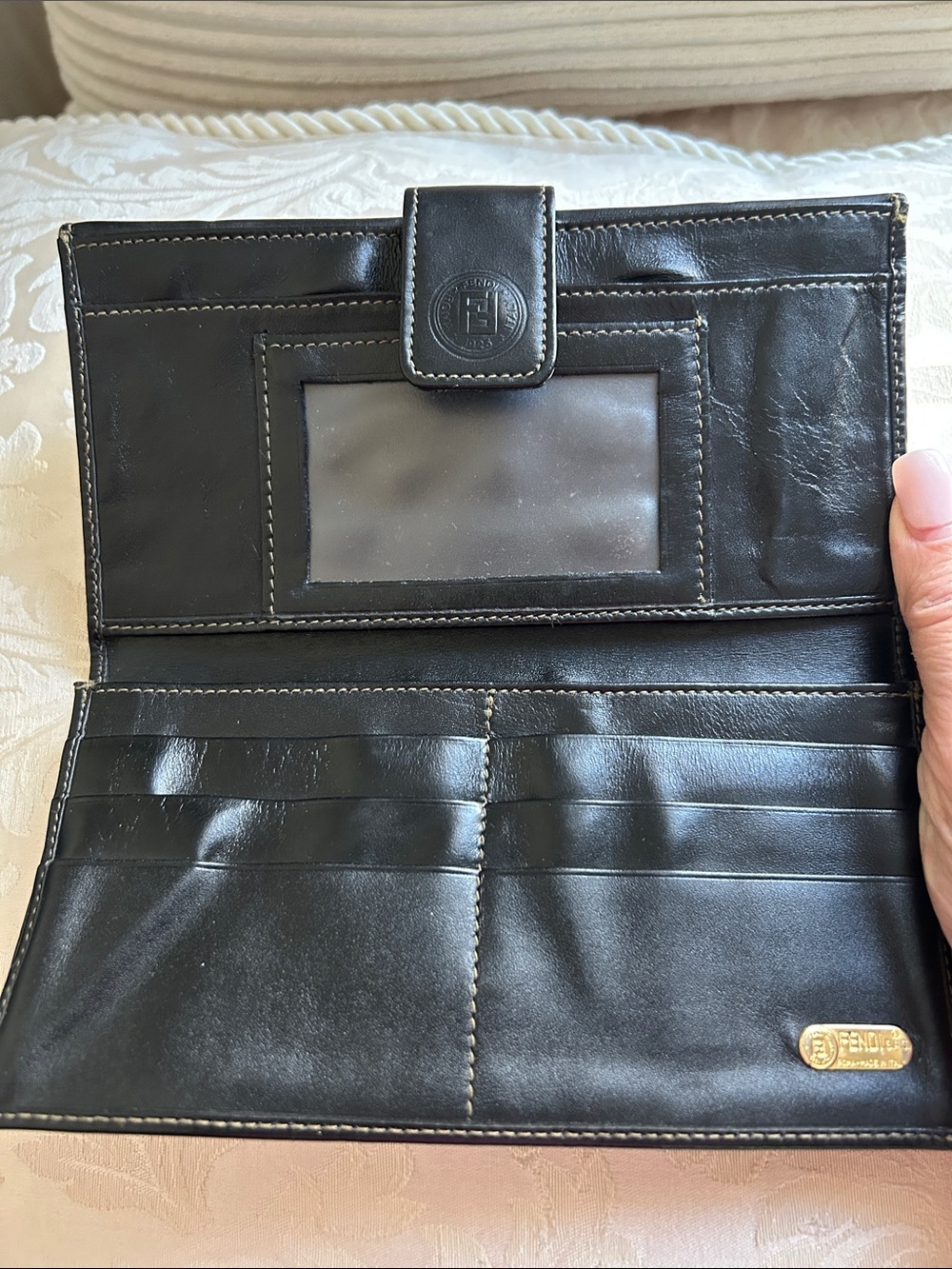 7077. Vintage Fendi Black and Brown Pequin Striped Coated Canvas Flap Wallet - Picture 3 of 10